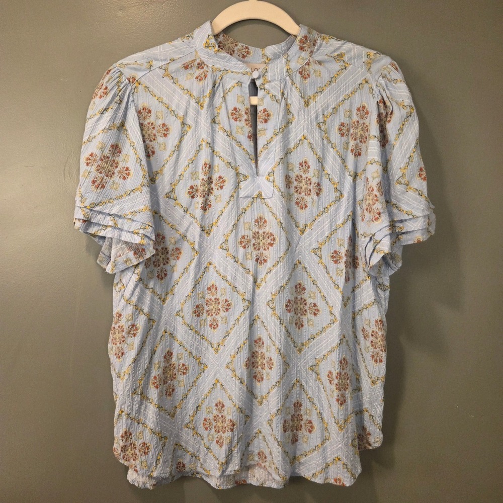 Loft Women's Floral Print Short Sleeve Blouse Size L Blue Multi Textured